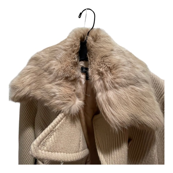 NWOT Bebe Beige Coat Wool with detachable Rabbit Fur collar. Size M - Picture 3 of 15